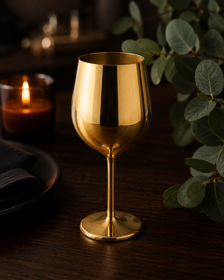 Copa de vino dorada sobre mesa de madera oscura, a la luz de una vela