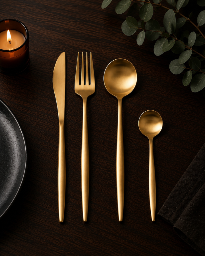 Set de cubiertos dorados sobre mesa de madera oscura con plato negro