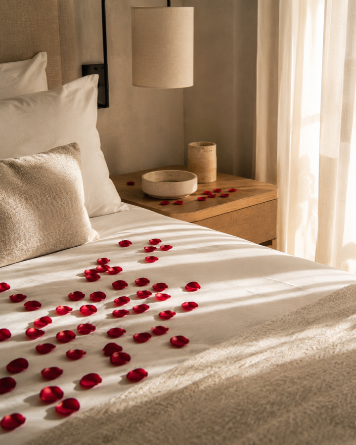 Pétalos de rosa rojos sobre una cama tendida en tonos crema