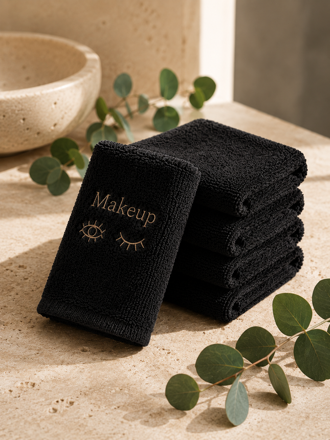 Toallas desmaquilladoras negras bordadas con la palabra Makeup, junto al lavamanos