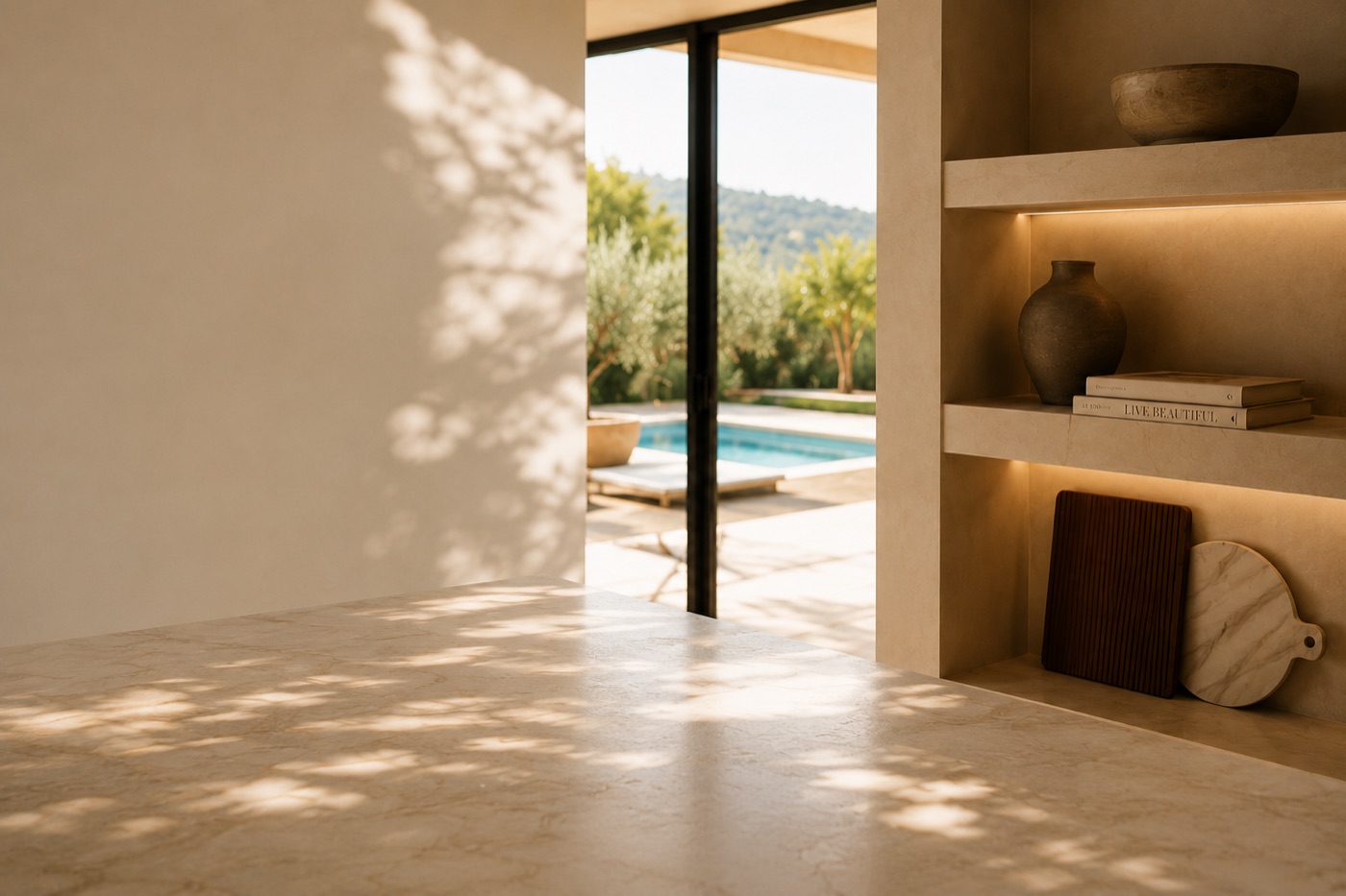 Interior cálido de una casa con luz natural, una estantería empotrada con cerámica y libros, y una puerta abierta hacia la piscina